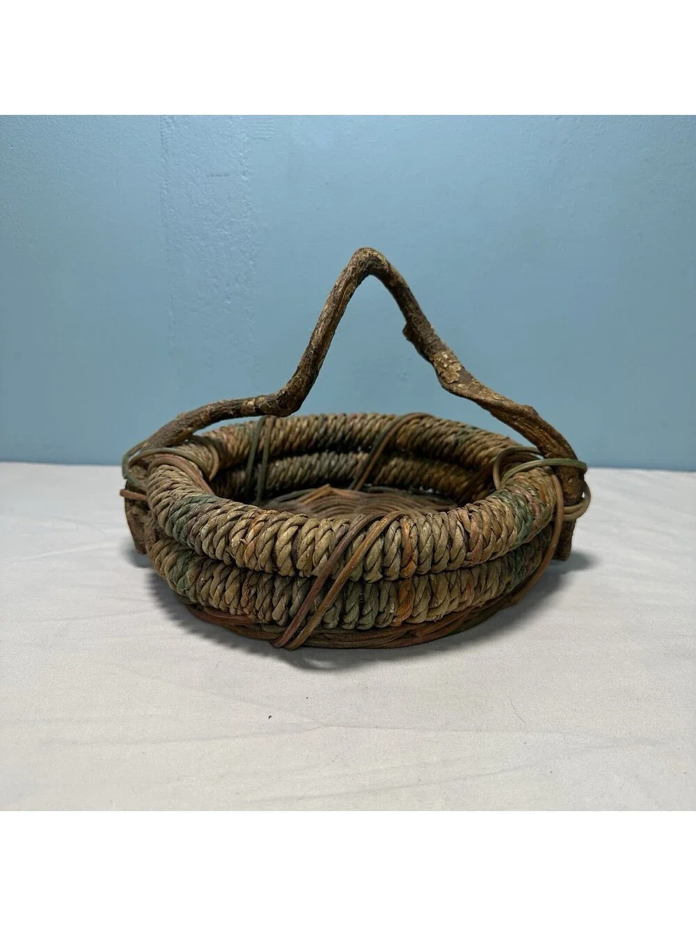 Vintage Rustic Twig Handle Woven Basket Boho Gathering Vine Handle Coil Wicker